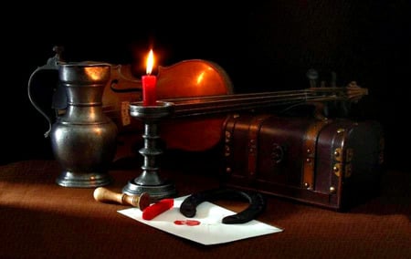 Wax Seal - candle, wax stamp, violin, candleholder, book, still life, pewter pitcher, horseshoe