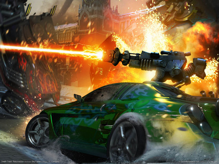 Resurrection - game, green car, fighting, fire, hd, weapon, death track- resurrection, blast, action, adventure