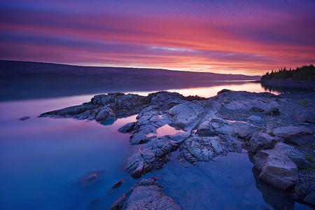 Summer Day's Ending - sunset, nature, summer, rock, lake