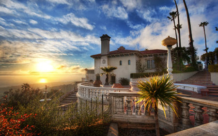 Beautiful - stairs, dazzling, sundown, sun, colorful, sunset, shine, villa, white, view, sunny, hearst, light, nature, beautiful, mansion, sunrise, beauty, sunshine, sky, trees, photography, peaceful, man made, pretty, clouds, castle, sunsets, architecture, house, tree, rays, houses, hearst estate, lovely, bright, blue, steps, manmade, flowers, colors