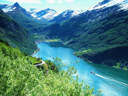 Norway geiranger - water, summer, blue, beautiful, snow, landscape, forest, norway, fiord, nature, mountains, sky