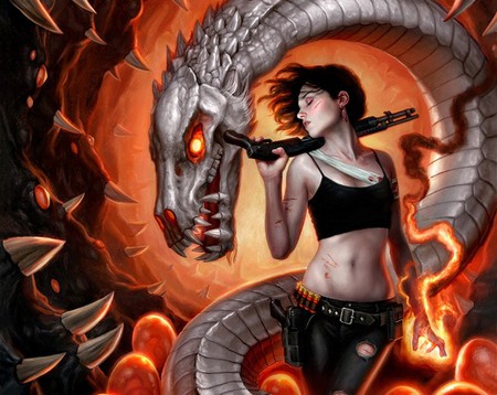 spellbent - gun, girl, red, magic, dragon, fire, fantasy