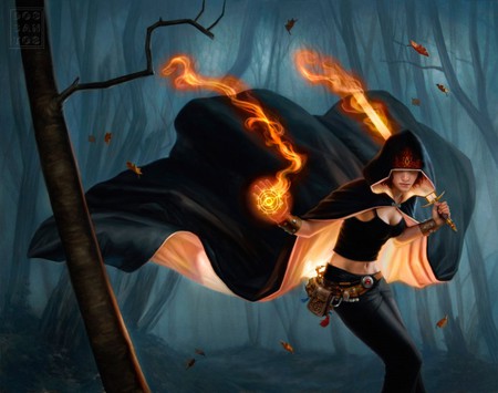 dead reign - girl, forest, dark, magic, fire, fantasy