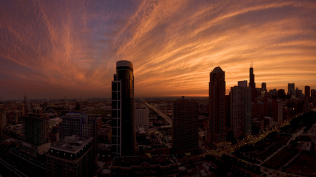 Skyscrapers - scyscrapers, widescreen, sunset, panorama, city