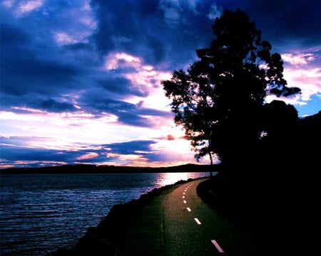 Night road - clouds, curve, night, sunset, darkness, road