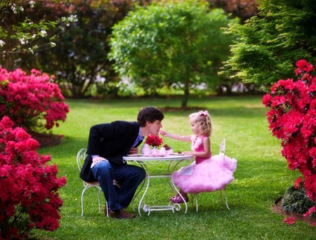 Tea in the park - love, trees, daughter, dishes, park, child, father, man, sharing, table, pink dress, tea time, flowers