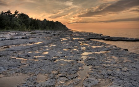 Canadian Rocky Shore Sunset - nature, ocean, beach, clouds, overcast, sunset, rocks