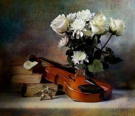 still life - chrysanthemums, roses, violin, books, flower, still life, bouquet, flowers, music, nature, jewelry, brooch