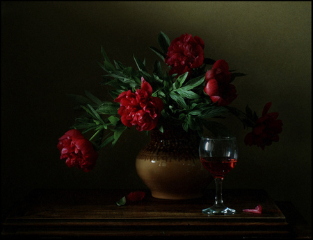 still life - glass, photography, bouquet, red peonies, wine, still life, vase, nature, peonies, red, table, peony, flowers, flower, drinking glass