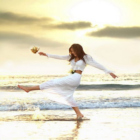 happy - girl, seashore, sand, waves, happy