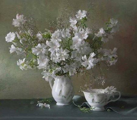 .............. White vase............ - vase, towel, whites, flowers, glower, grey, white, green, wall, cup