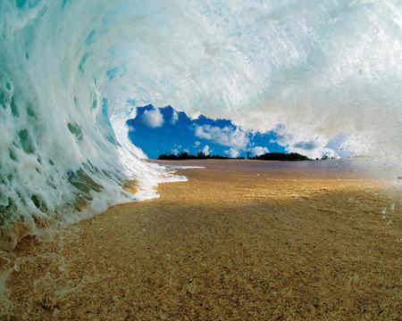 Curled  Wave - clouds, water, mountins, sand, wave, sky