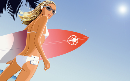 Surfer Chic - sky, lady, bikini, plamtree, surfboard, ipod