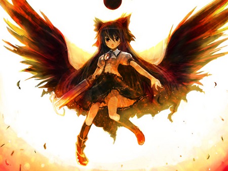 Reiuji Utsuho - wings, fire, nuclear fusion, touhou, okuu, utsuho, reiuji utsuho, sun