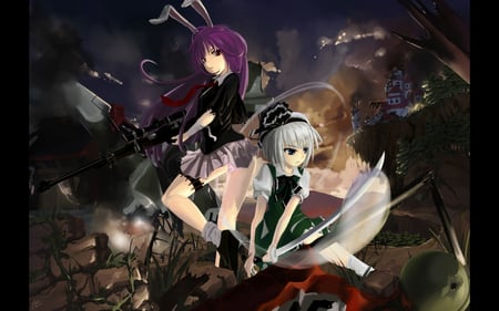 Reisen and Youmu - blood, gun, sword, reisen, youmu, reisen udongein inaba, touhou, katana, weapon, konpaku youmu, rifle