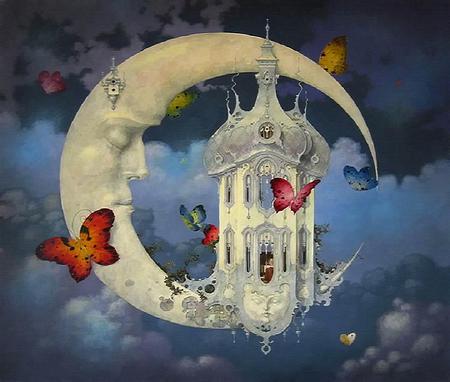 Fantasy kingdom - clouds, moon, butterflies, windows, half moon, fantasy, wings, face, castle