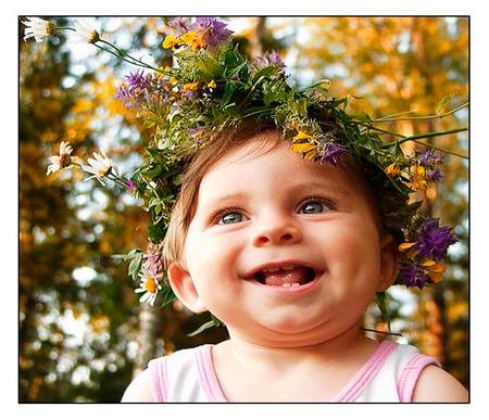 A childs laughter - baby, laughing, giggling, flowers, child, crown