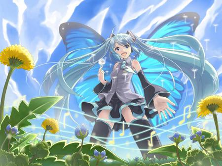 Vocaloid - anime, sky, flowers, vocaloid