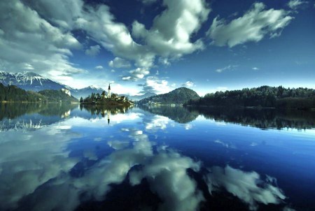 Island castle in the blue - lake, mountains, clouds, reflections, island, blue sky, castle