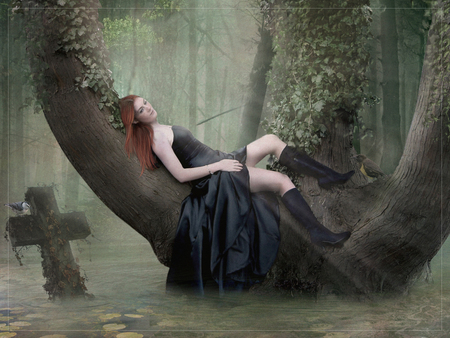 Amaranthine - lady, girl, fantasy, cross, forest, dark, beautiful, green, surreal, birds