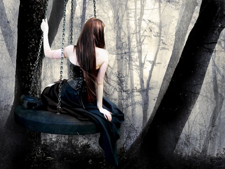 Home is Nowhere - swing, gown, surreal, beautiful, girl, corset, forest