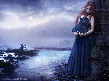 Let it rain - clouds, gown, beautiful, girl, fan, mountain, black, surreal, rain, lake