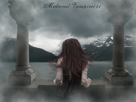 Looking for you - clouds, beautiful, snow, girl, corset, pillars, surreal, lake, balcony, mountains