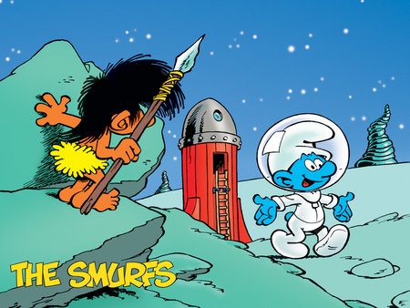 The Smurfs - spear, cartoon, rocks, rocket, smurfs