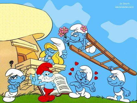 Smurf House - flowers, house, smurfs, cartoon, ladder, hearts