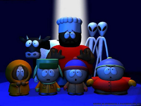 Aliens from space - cow, cartoon, kenny, chef, light shaft, aliens, eric