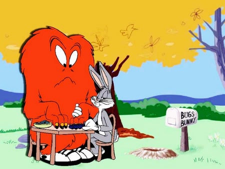 Monster Manicure - bugs bunny, cartoon, monster, table, tree, rabbit hole, mailbox