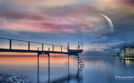 Tranquil Lake - lake, pier, tranquil, full moon, sunset