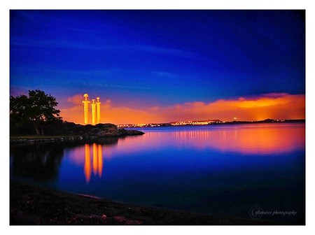 Sword monument - water, monument, lights, night, norway, three swords