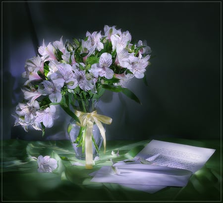 still life - nice, delicate, still life, art, pretty, life, photograph, harmony, style, lovely, gentle, vase, nature, flower bouquet, lila, letter, beautiful, flowers