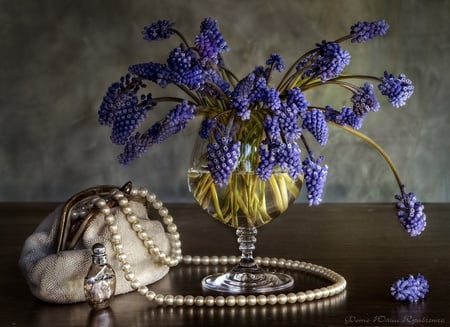 still life - water, perfume, blue, photography, beads, flower, still life, bag, bouquet, flowers, glass