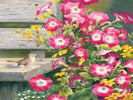 Country Garden - flowers, yellow, bench, wren, pink