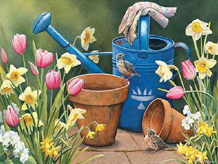 Spring Garden - clay pots, water can, flowers, gloves, baby robins