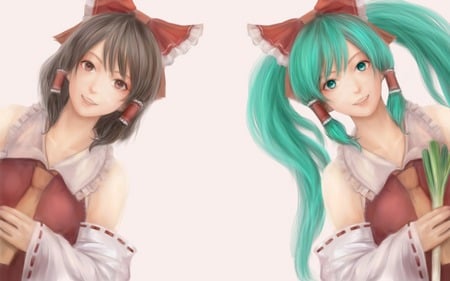 hakurei reimu and hatsune miku - touhou, vocaloid, hair, twintails, short