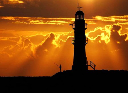 Sunset lighthouse - clouds, sunset, fisherman, lighthouse, rays, golden orange sky