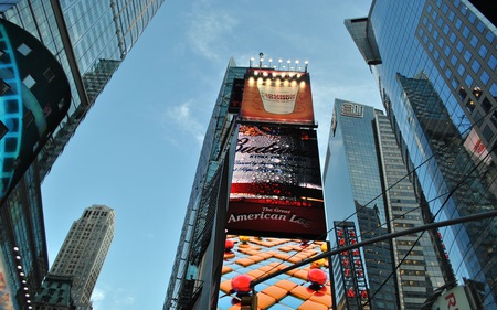 New York Twilight - skyscrapers, signs, advertisement, architecture, glass