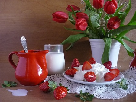 still life - milk, cream, flowers, red, vase, strawberries, doley, beautiful, photography, beauty, lace, kettle, still life, flower bouquet, harmony, white, tulips, whipp cream, glass