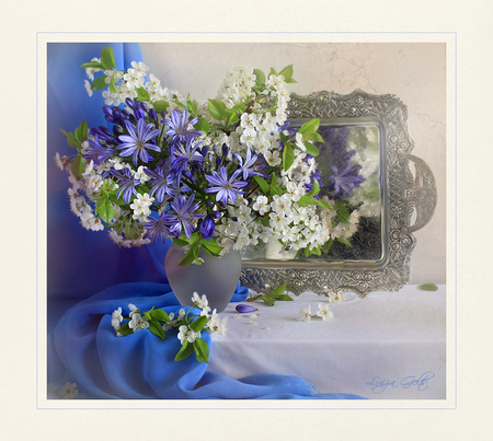 reflected beauty - photography, still life, vase, white, flower bouquet, blue, beautiful, flowers, harmony