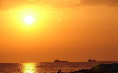 Sunrise over the Sea - oil, nature, ocean, beach, tankers, reflection, sunrise