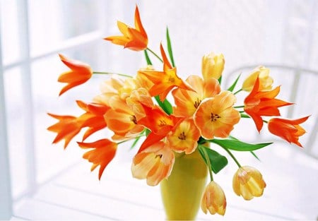 Orange and yellow cheer - bright, cheery, yellow, orange, flowers, vase