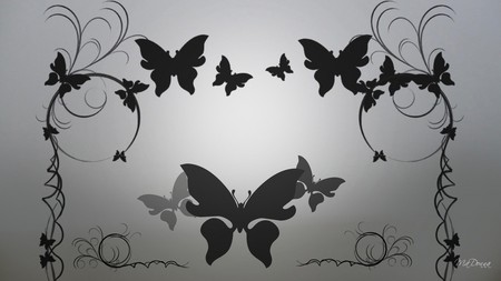 Silver Butterflies - widescreen, vines, summer, silver, butterfly, swirls