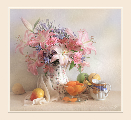 still life - spoon, photography, pears, still life, oranges, cloth, creamer, table, orange, apple, glass, gentle, vase, fruit, flower bouquet, blue, beautiful, pink, flowers