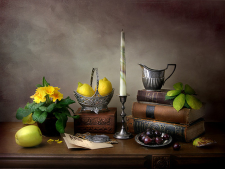 still life - candles, photography, cherry, still life, fruit, lemon, beautifully, yellow, beautiful, books, flowers, apple, flower