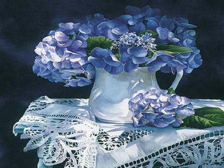 Hydrangea Melody - tablecloth, pitcher, blue, table, hydrangeas