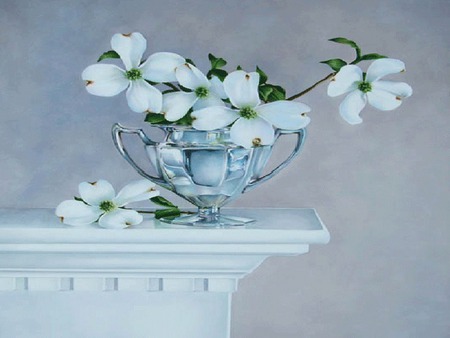 Springtime Memories - vase, elegance, blossoms, silver, dogwood, mantle