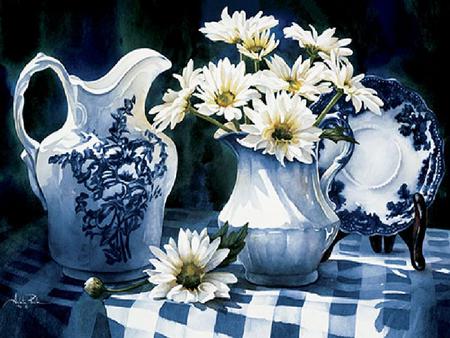 Eyes for Blue - daisies, tablecloth, plate, blue, plate holder, pitchers